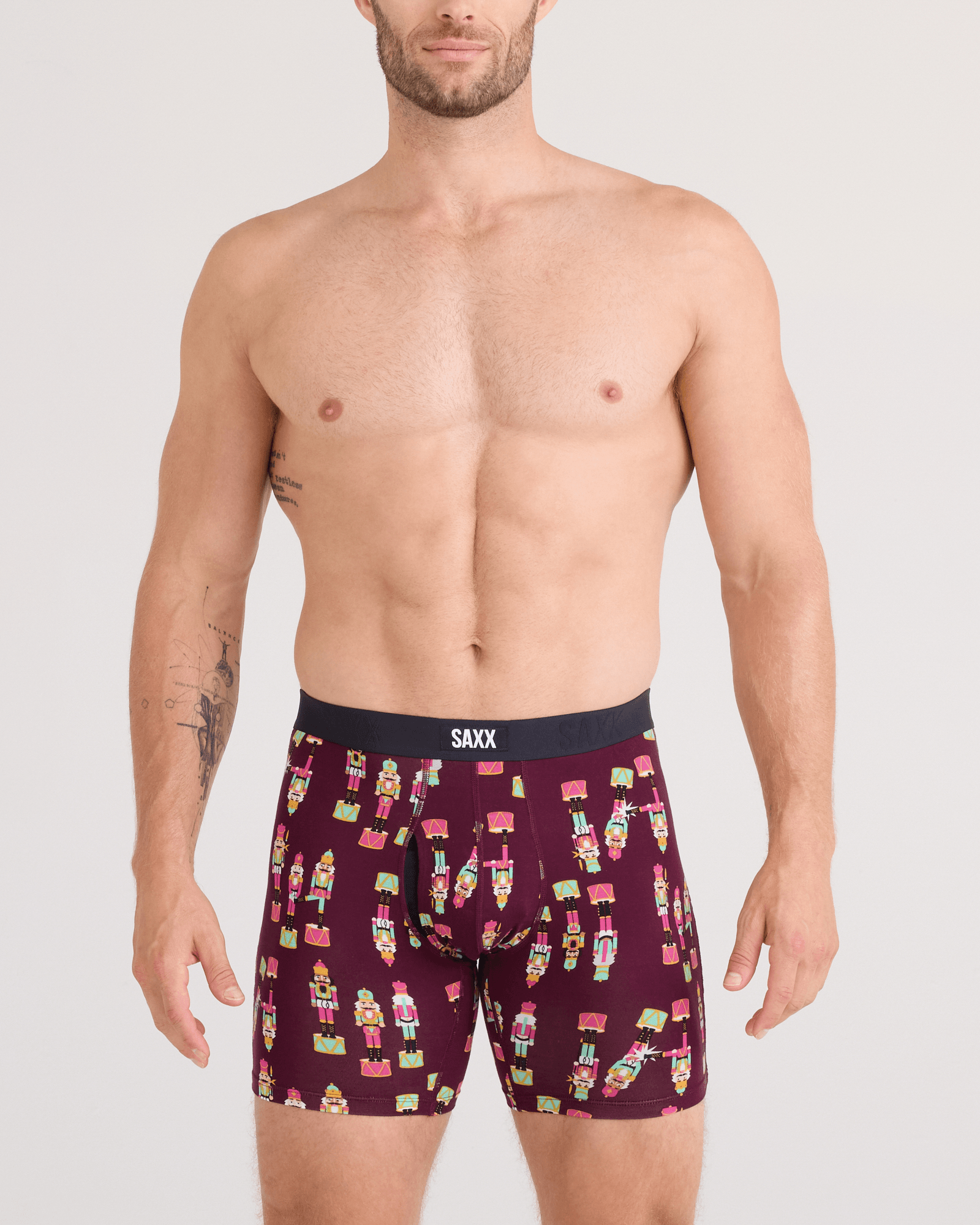 Front - Model wearing Vibe Xtra Soft Comfort Boxer Brief Fly in Nutcracker 25-Maroon