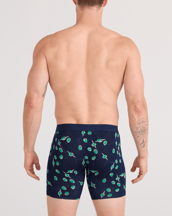 Back - Model wearing Vibe Xtra Soft Comfort Boxer Brief Fly in Olive You-Maritime
