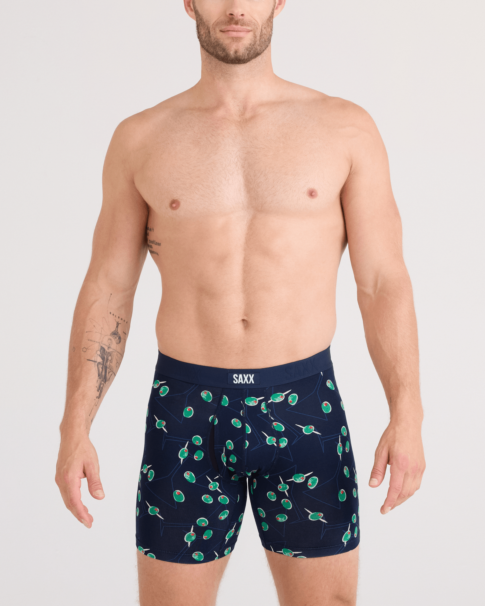 Front - Model wearing Vibe Xtra Soft Comfort Boxer Brief Fly in Olive You-Maritime