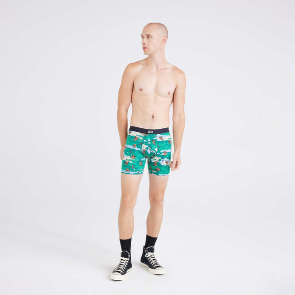 Front - Model wearing Vibe Xtra Boxer Brief in Holiday Par-Tee-Green