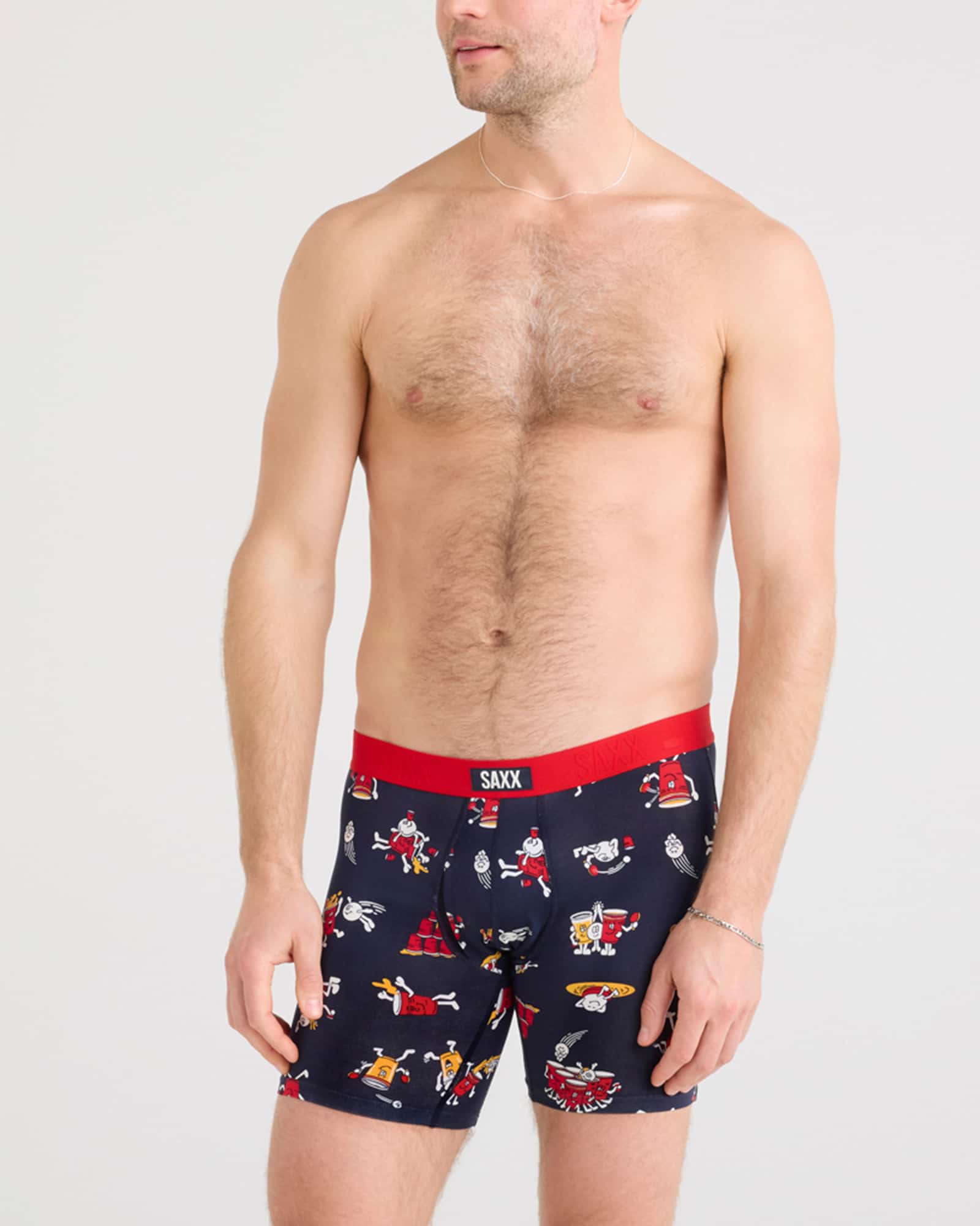 Front - Model wearing Vibe Xtra Boxer Brief Fly in Party Foul-Dark Ink