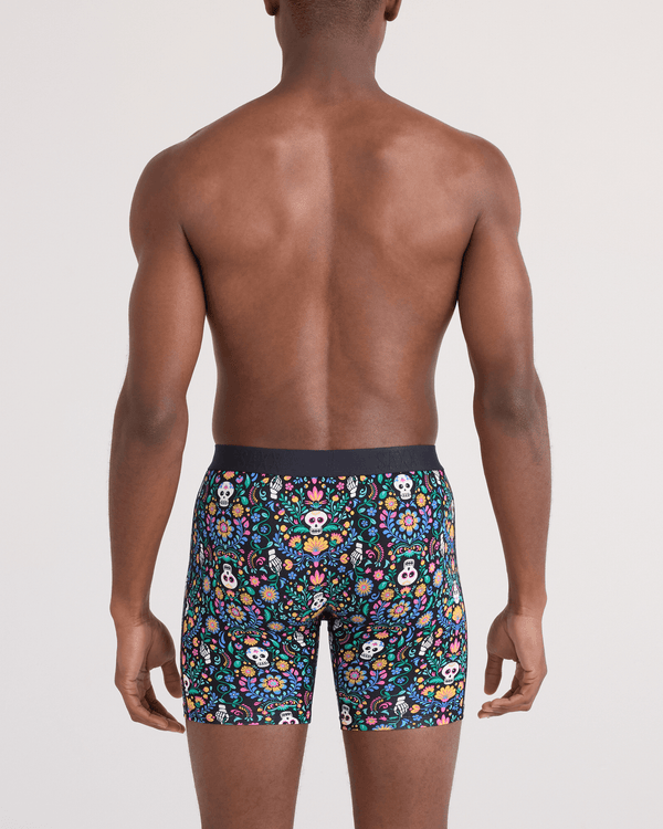 Back - Model wearing Vibe Xtra Soft Comfort Boxer Brief Fly in Skull Garden-Multi