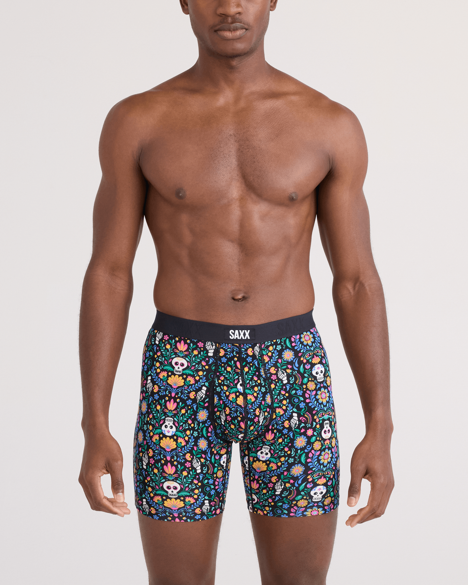 Front - Model wearing Vibe Xtra Soft Comfort Boxer Brief Fly in Skull Garden-Multi