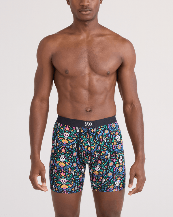 Front - Model wearing Vibe Xtra Soft Comfort Boxer Brief Fly in Skull Garden-Multi