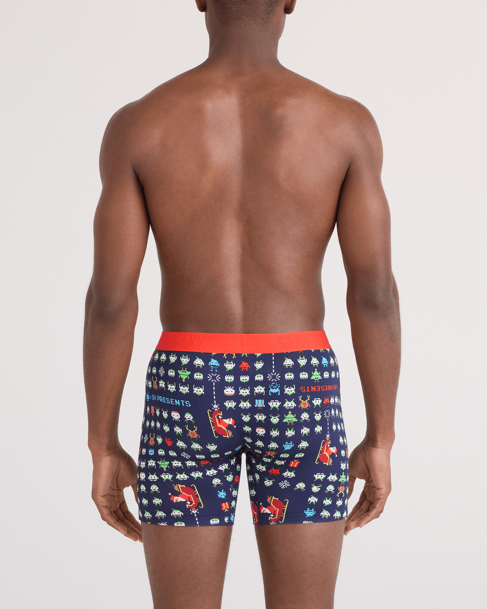 Back - Model wearing Vibe Xtra Soft Comfort Boxer Brief Fly 5 Pack in Sweet/Sleigh Invaders/Black