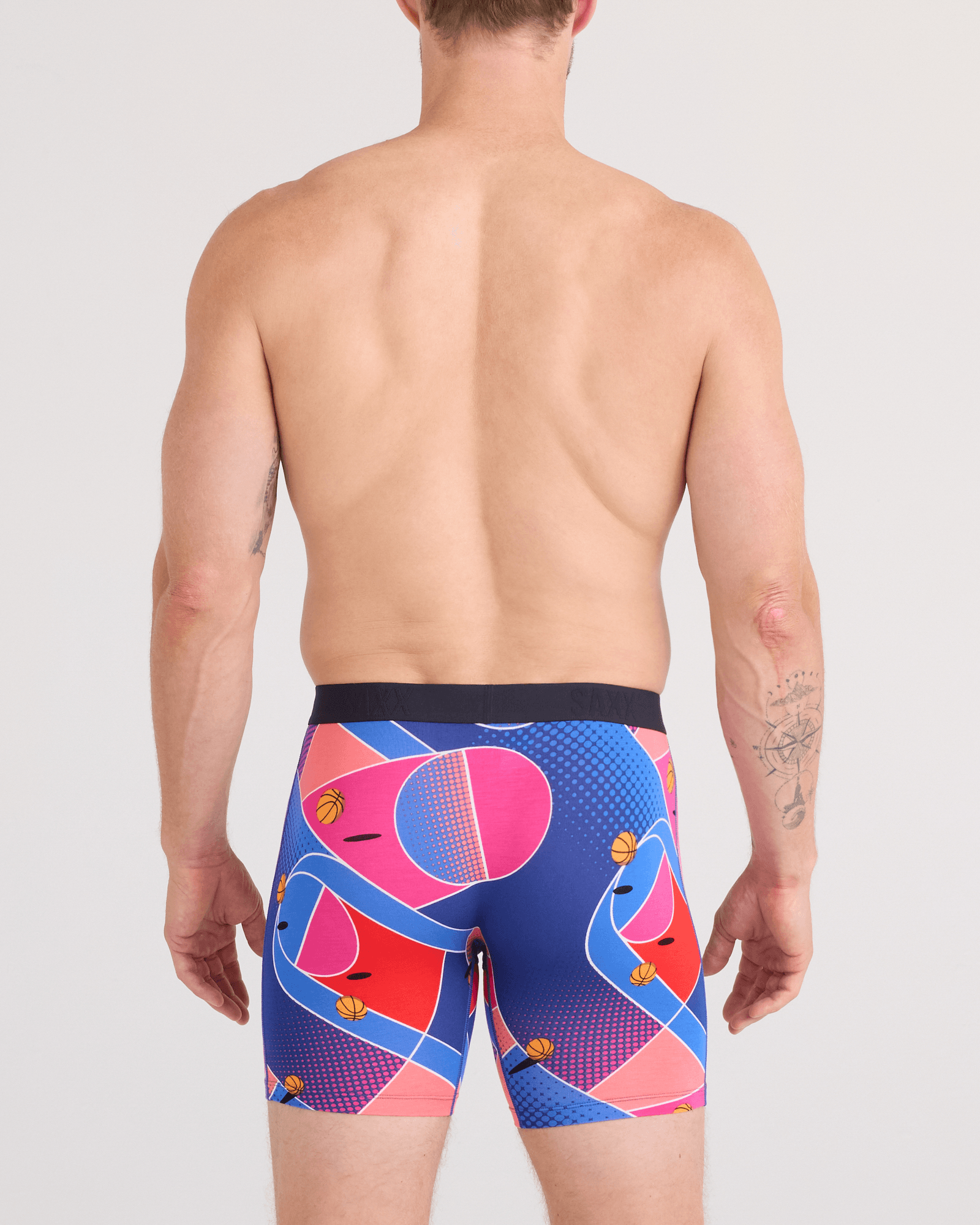 Back - Model wearing Vibe Xtra Soft Comfort Boxer Brief Fly in Sport Court-Multi