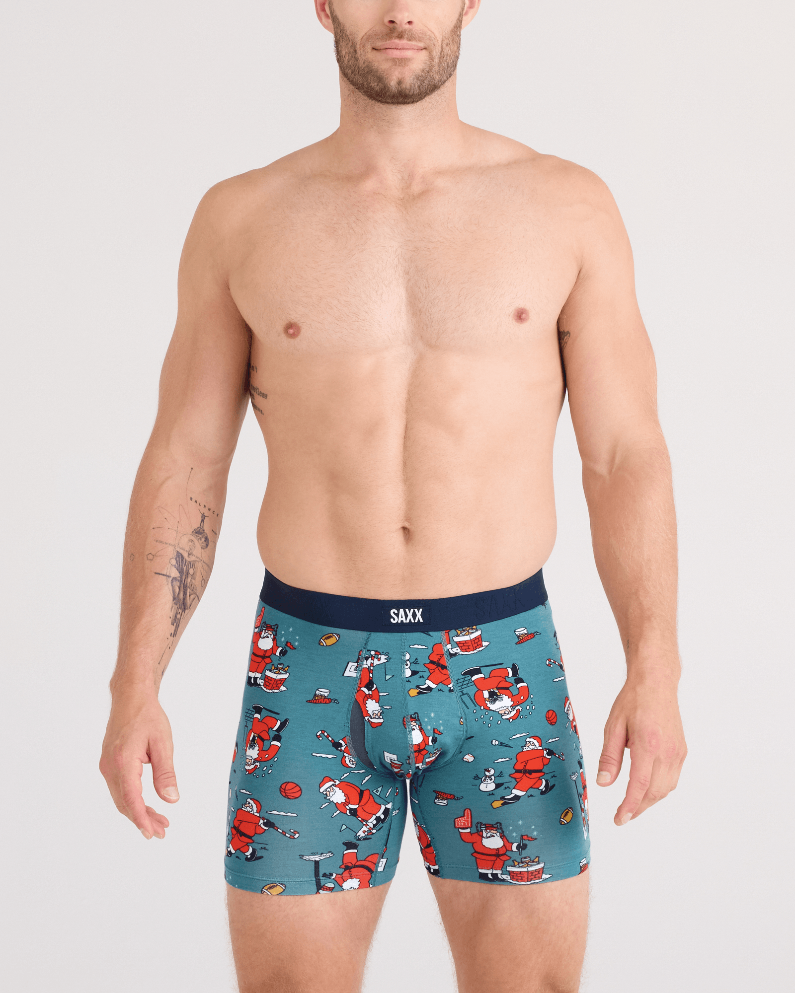 Front - Model wearing Vibe Xtra Soft Comfort Boxer Brief Fly in Santathalon-Seascape