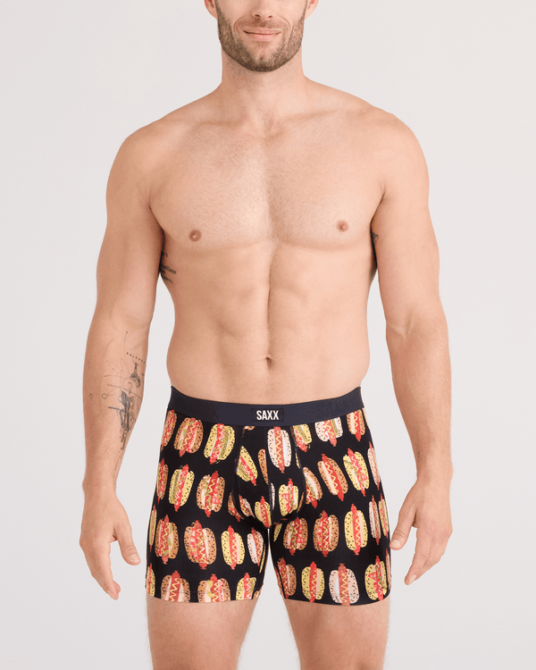 Front - Model wearing Vibe Xtra Soft Comfort Boxer Brief Fly in Super Dawgs-Black
