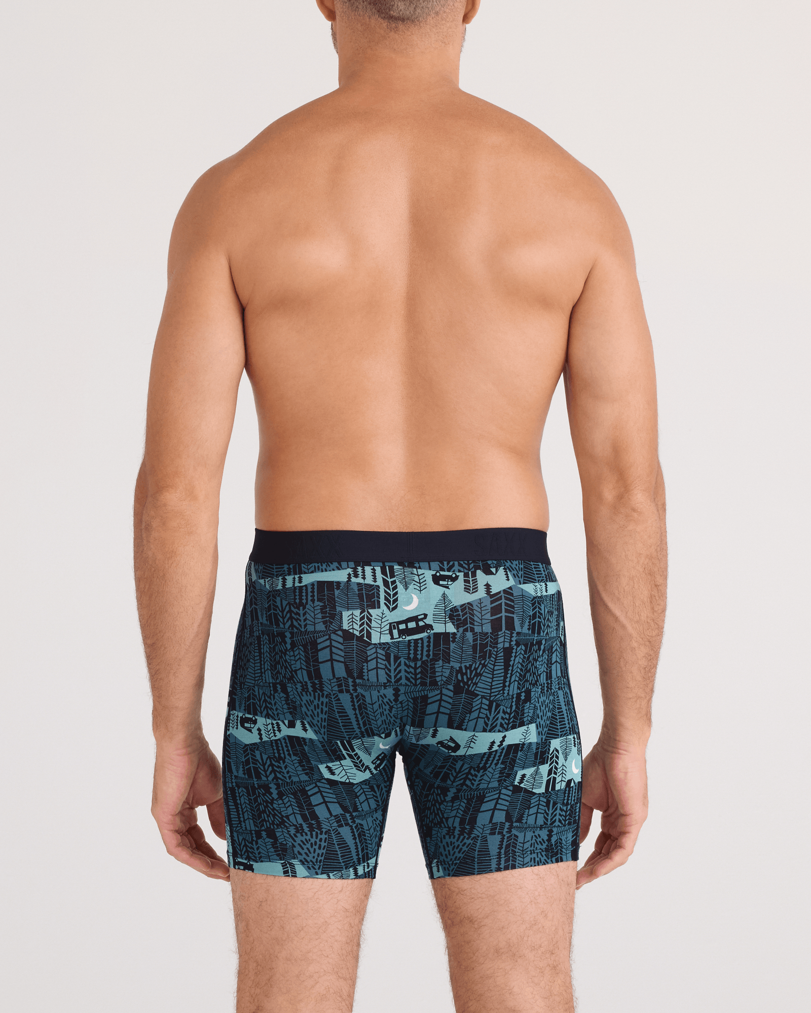 Back - Model wearing Vibe Xtra Soft Comfort Boxer Brief Fly in The Clearing-Storm Blue