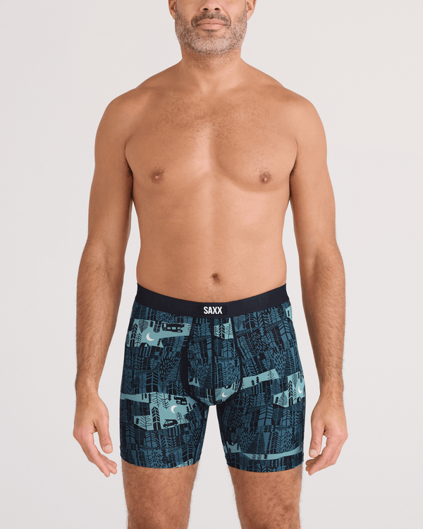 Front - Model wearing Vibe Xtra Soft Comfort Boxer Brief Fly in The Clearing-Storm Blue