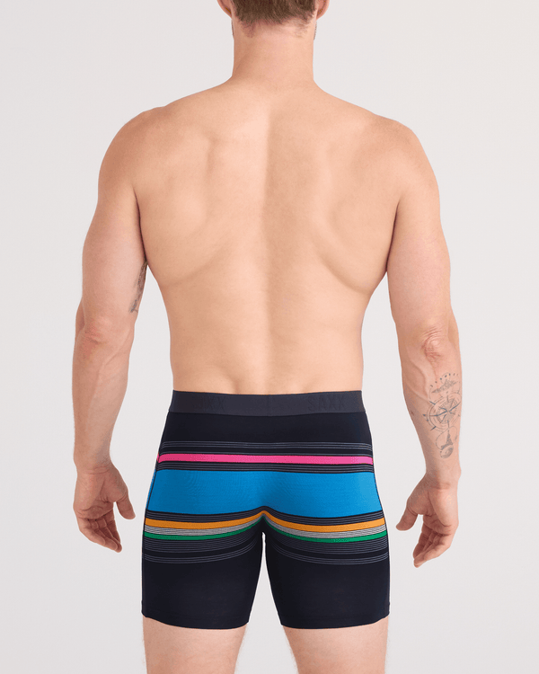 Back - Model wearing Vibe Xtra Soft Comfort Boxer Brief Fly in Throwback Stripe-Multi