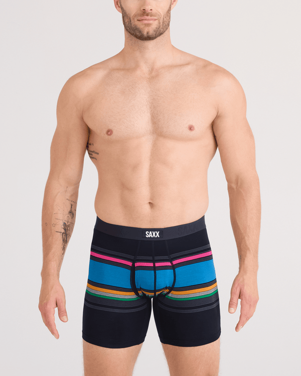 Front - Model wearing Vibe Xtra Soft Comfort Boxer Brief Fly in Throwback Stripe-Multi