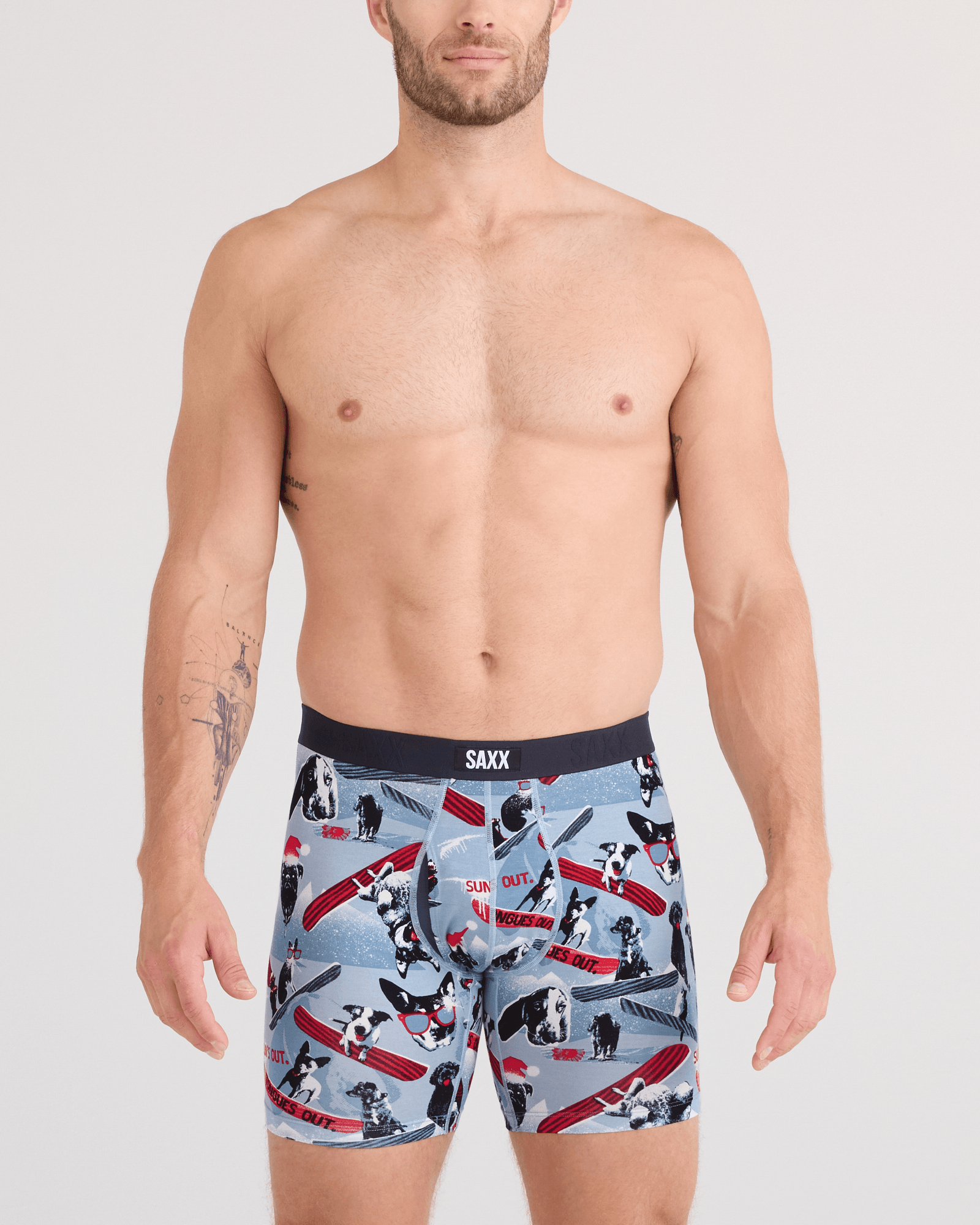 Front - Model wearing Vibe Xtra Soft Comfort Boxer Brief Fly in Winter Dogs Of Saxx-Blue