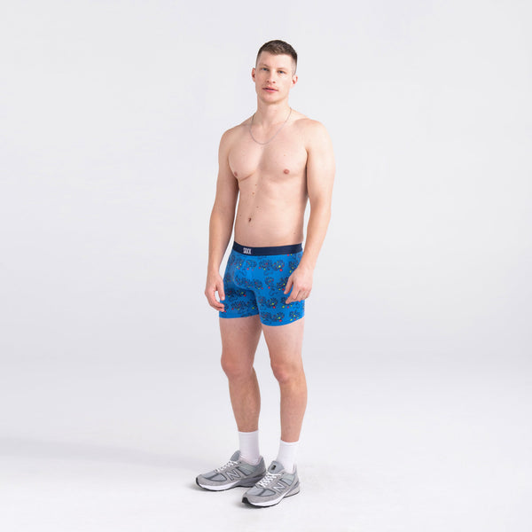 Front - Model wearing Vibe Super Soft Boxer Brief in Black Beast Mode