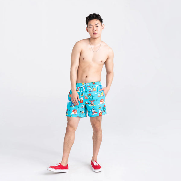 Front - Model wearing Oh Buoy 2N1 Swim Volley Short 5" in Water Whirled- Blue