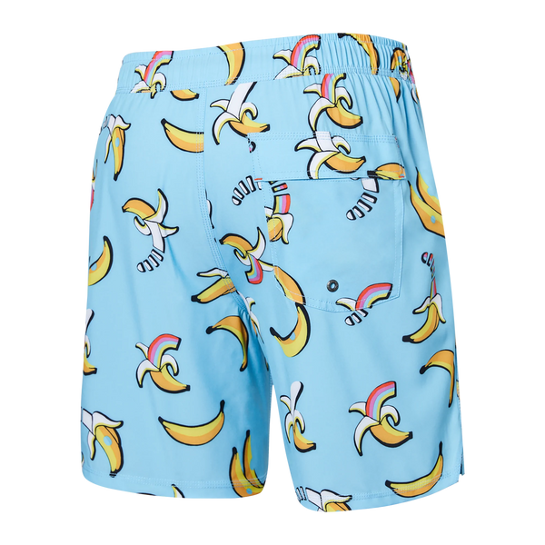 Back of Oh Buoy 2N1 Swim Volley Short 7" in Rainbow Bananas- Azure