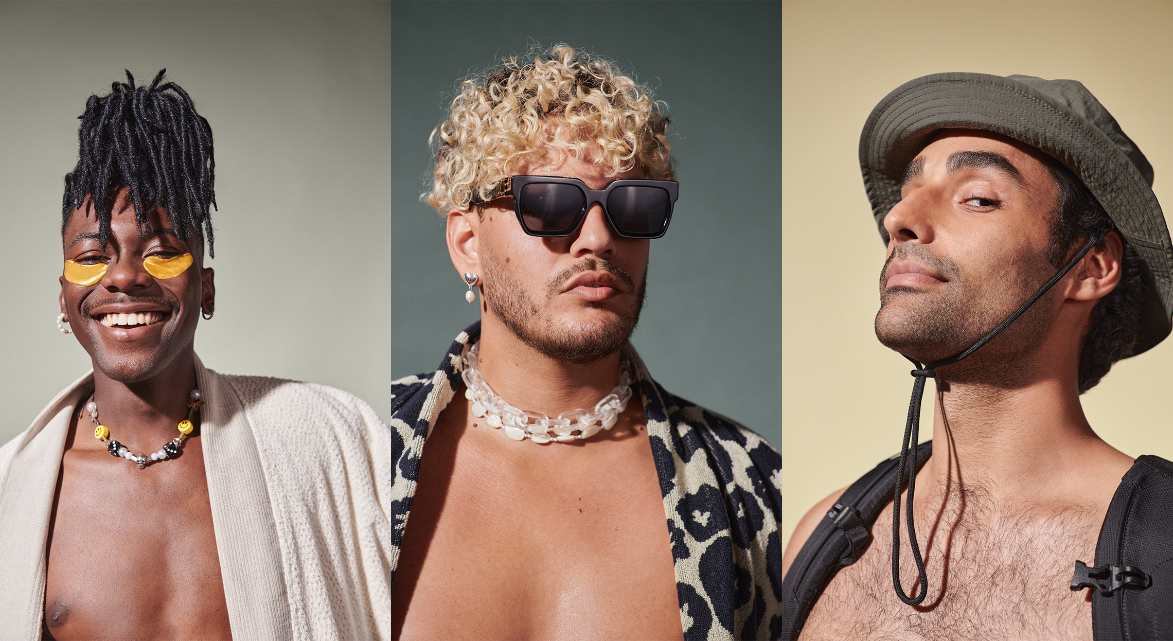 Split image of someone smiling wearing a spa eye mask, someone posing in sunglasses and someone smirking in a bucket hat