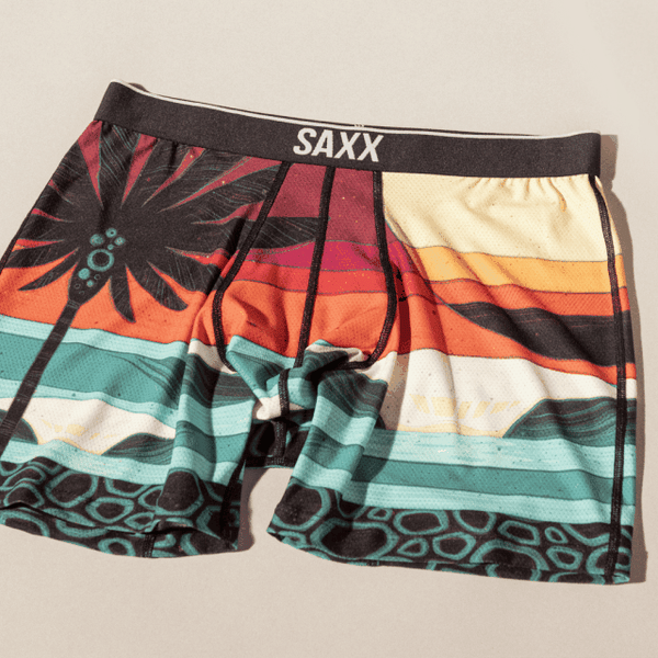 GIF rotating through a portrait of artist Erik Abel and photos of his print for SAXX Underwear