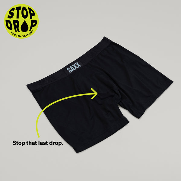 Black boxer brief on grey background with yellow arrow pointing to crotch 