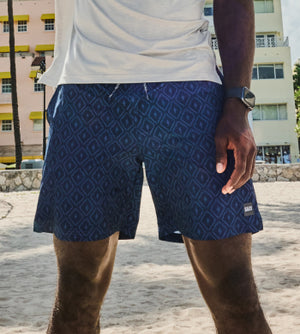 Man wearing navy blue versatile athletic 2N1 Shorts in a geometric pattern