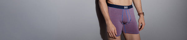 Man wearing red and blue striped Boxer Briefs