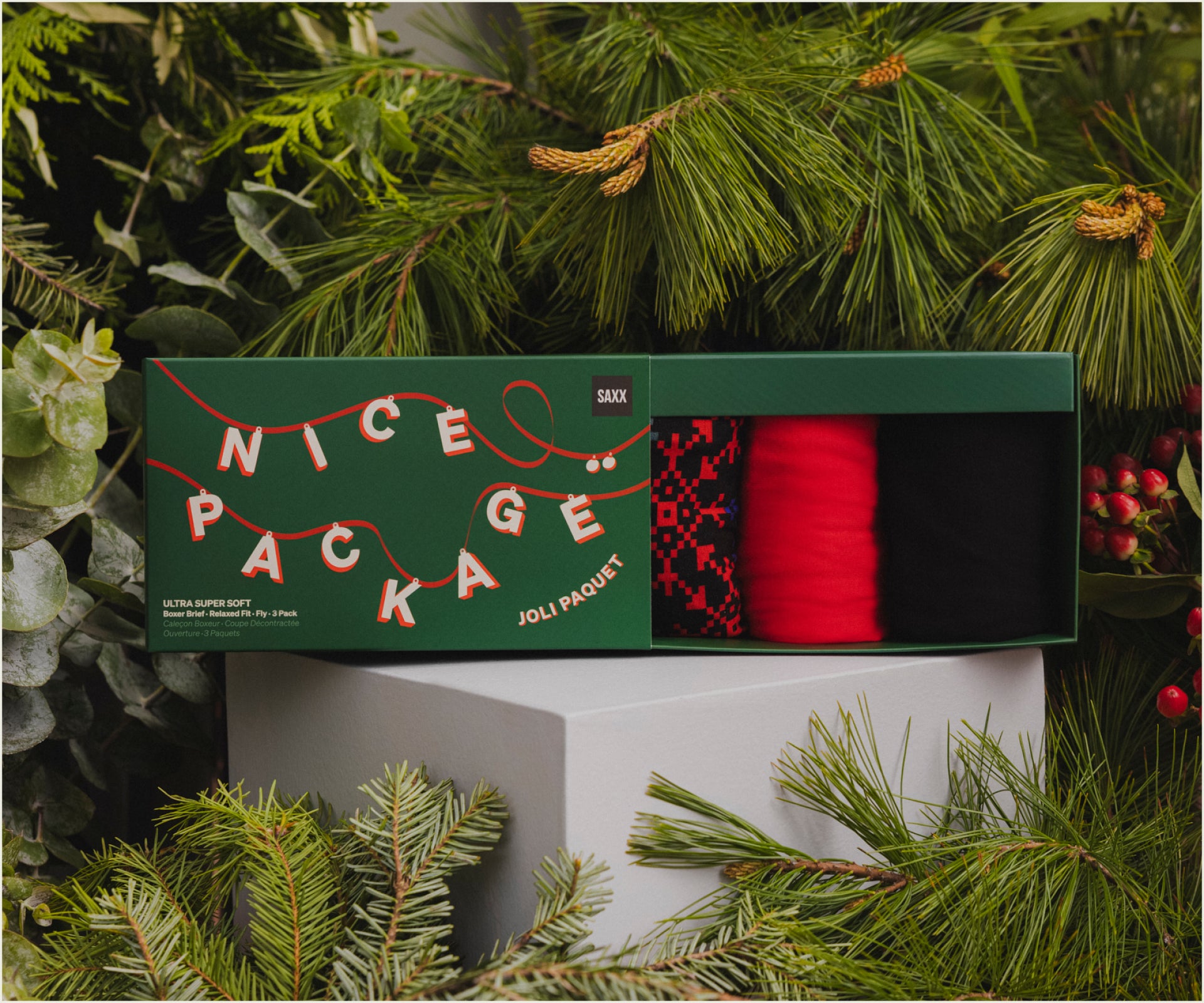An open gift box with holiday themed underwear inside. The box is dark green with white writing that says "Nice Package" on the front.