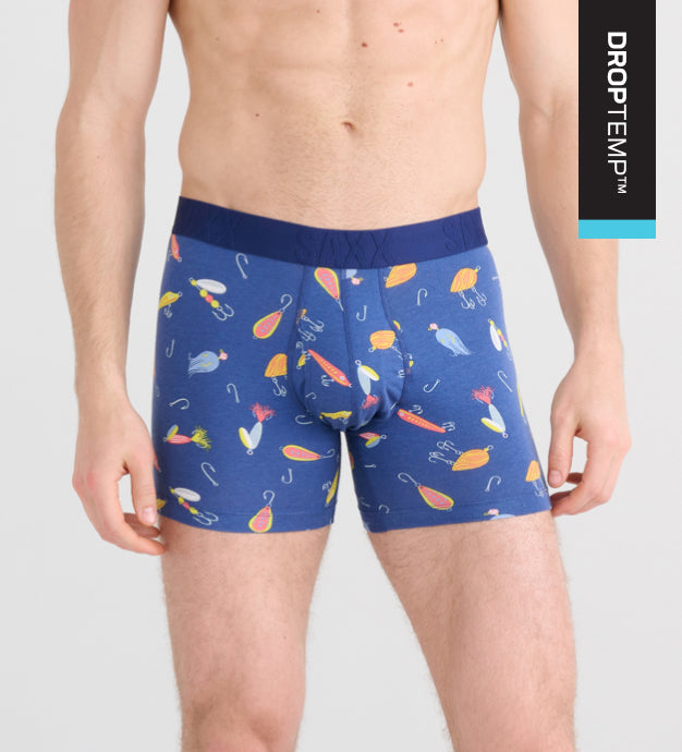 DropTemp™ logo overlaying a photo of a man in blue cooling cotton Boxer Briefs in a bird print
