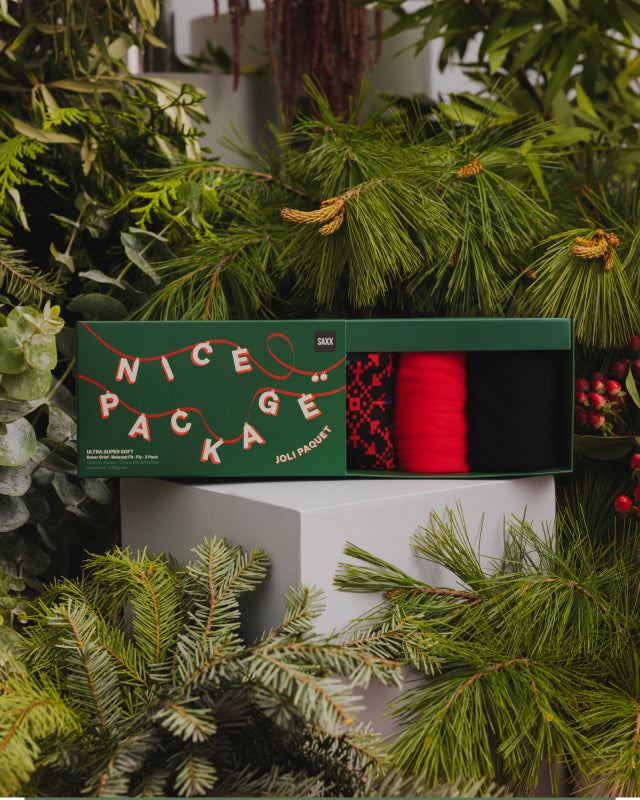 An open gift box with holiday themed underwear inside. The box is dark green with white writing that says "Nice Package" on the front.