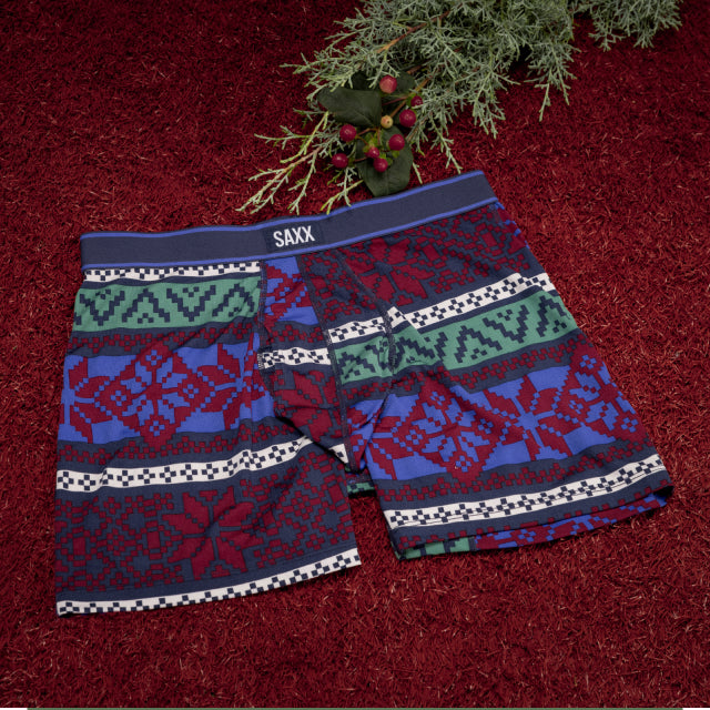 A close up image of a pair of underwear with a multi-colored fair-isle design printed on them.