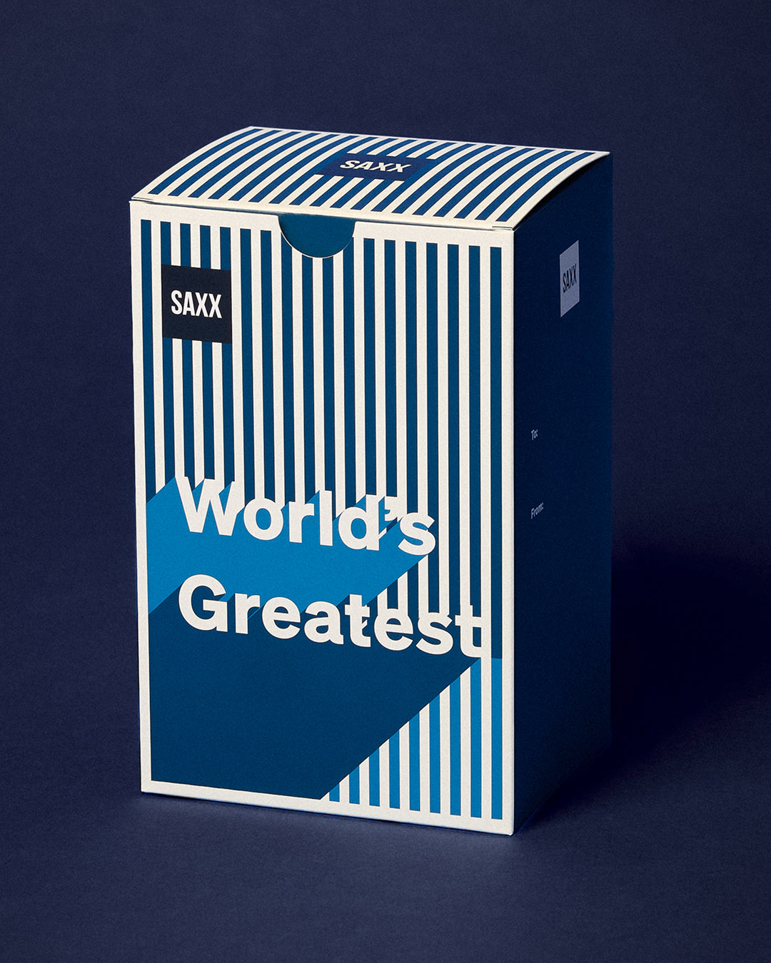 A blue and white striped gift box with bold letters that say "World's Greatest" set against a blue background.