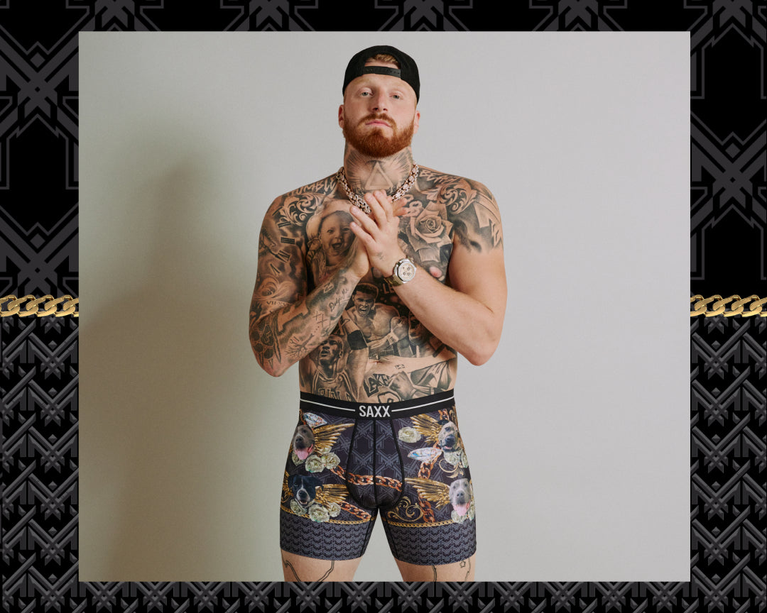 Football player Maxx Crosby wearing underwear and other apparel striking various poses 
