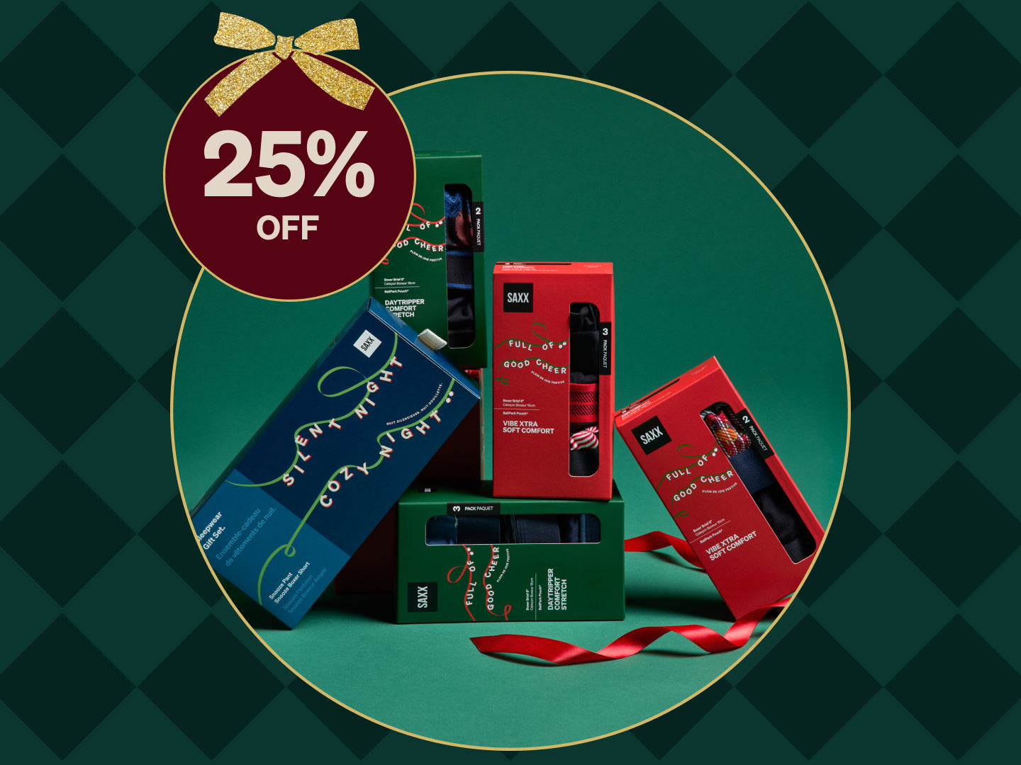 Promotional image with gift boxes and a 25% off discount label on a green checkered background.