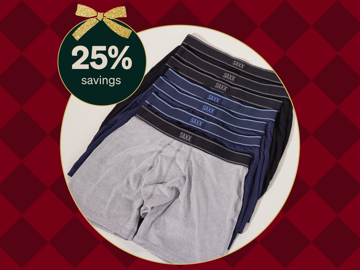 Set of men's underwear with a 25% savings label on a red checkered background