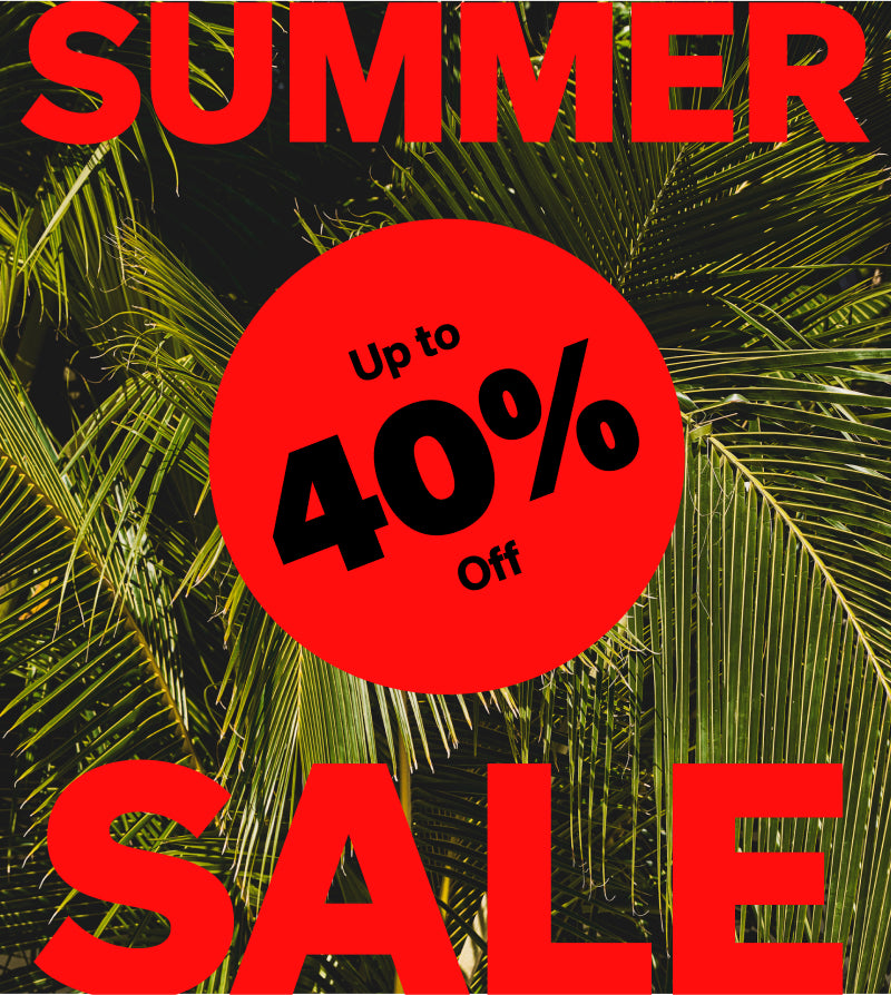 Summer sale advertisement with palm leaves and a red circle displaying 'Up to 40% Off'.