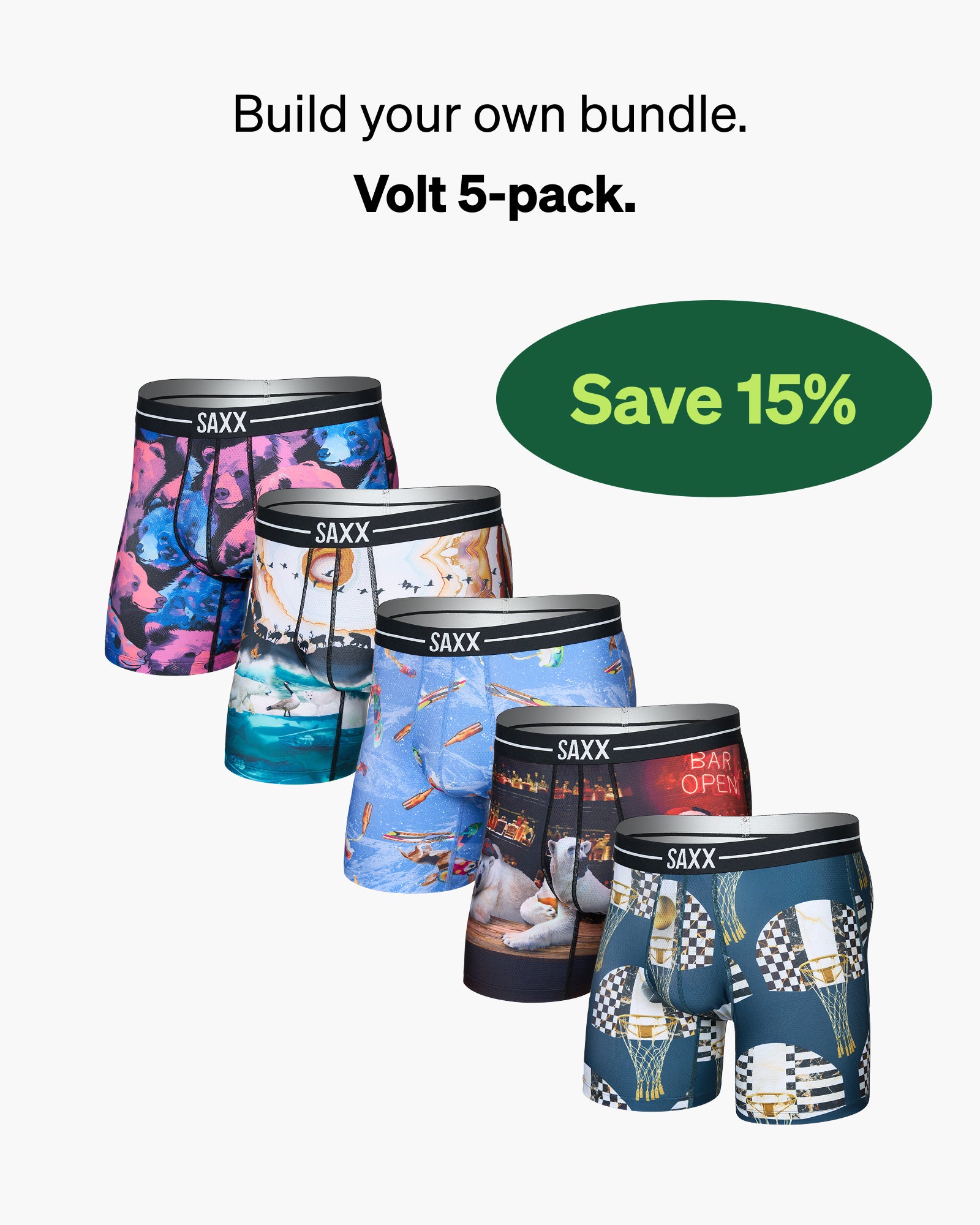 Five pairs of SAXX underwear with colorful designs on a white background, featuring a discount offer.