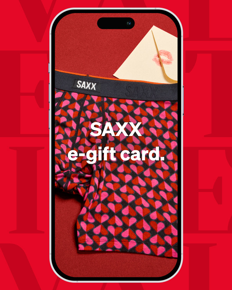 SAXX e-gift card on a phone case with a red background