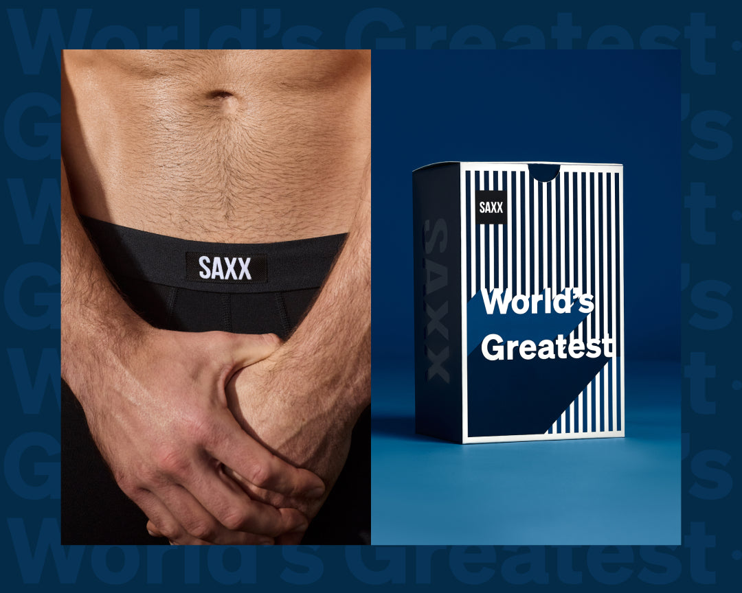 Black SAXX underwear and packaging on a blue background with 'World's Greatest' text.