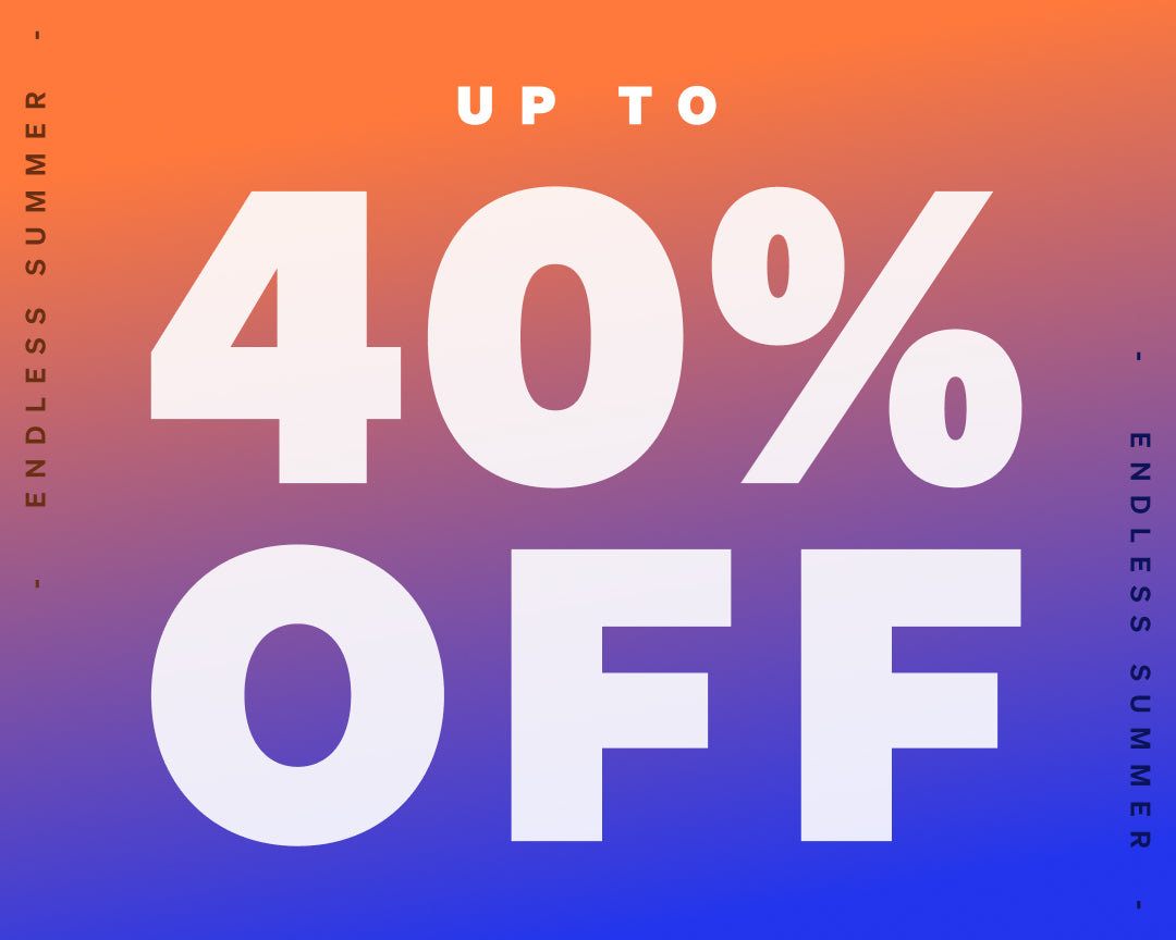 Promotional sale graphic with large white text reading 'UP TO 40% OFF' over an orange-to-purple-to-blue gradient background, with 'ENDLESS SUMMER' printed vertically along the sides.