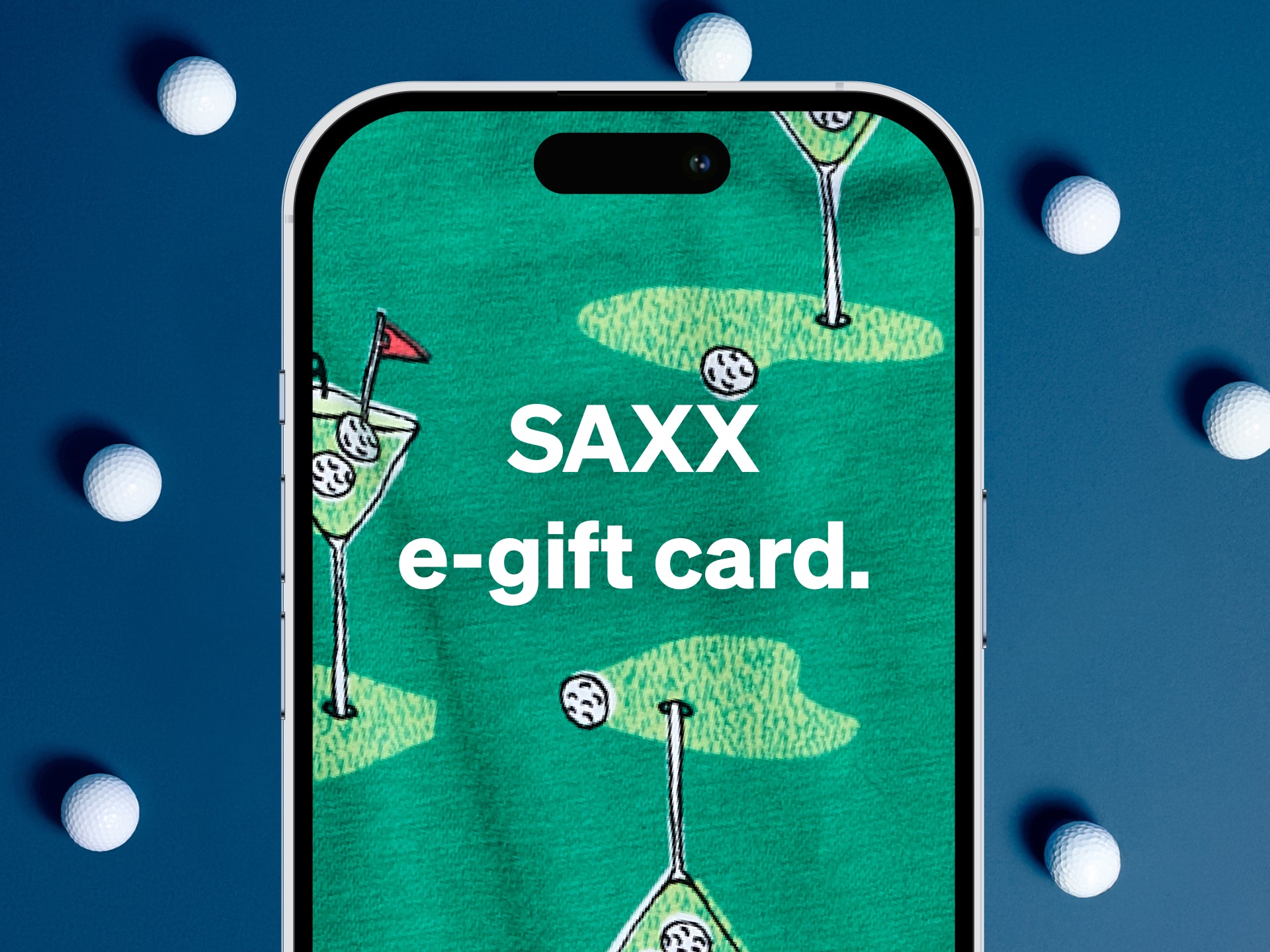 Phone case with golf-themed design and 'SAXX e-gift card' text on a blue background with golf balls.