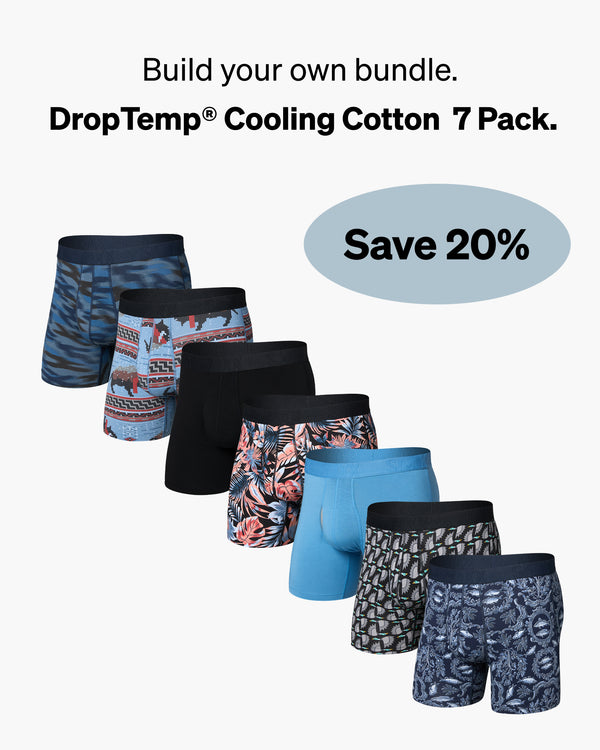 A promotional bundle graphic for DropTemp Cooling Cotton 7 Pack men's boxer briefs, showing six different patterned and solid pairs with text reading 'Build your own bundle.' and 'Save 20%'.