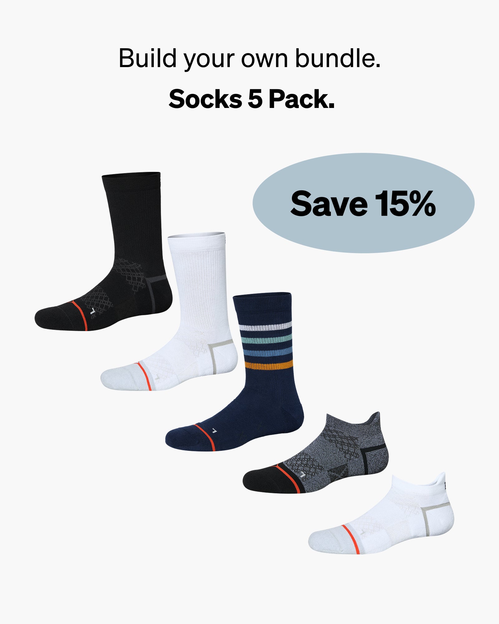 Promotional graphic for a socks 5-pack bundle with text reading 'Build your own bundle. Socks 5 Pack.