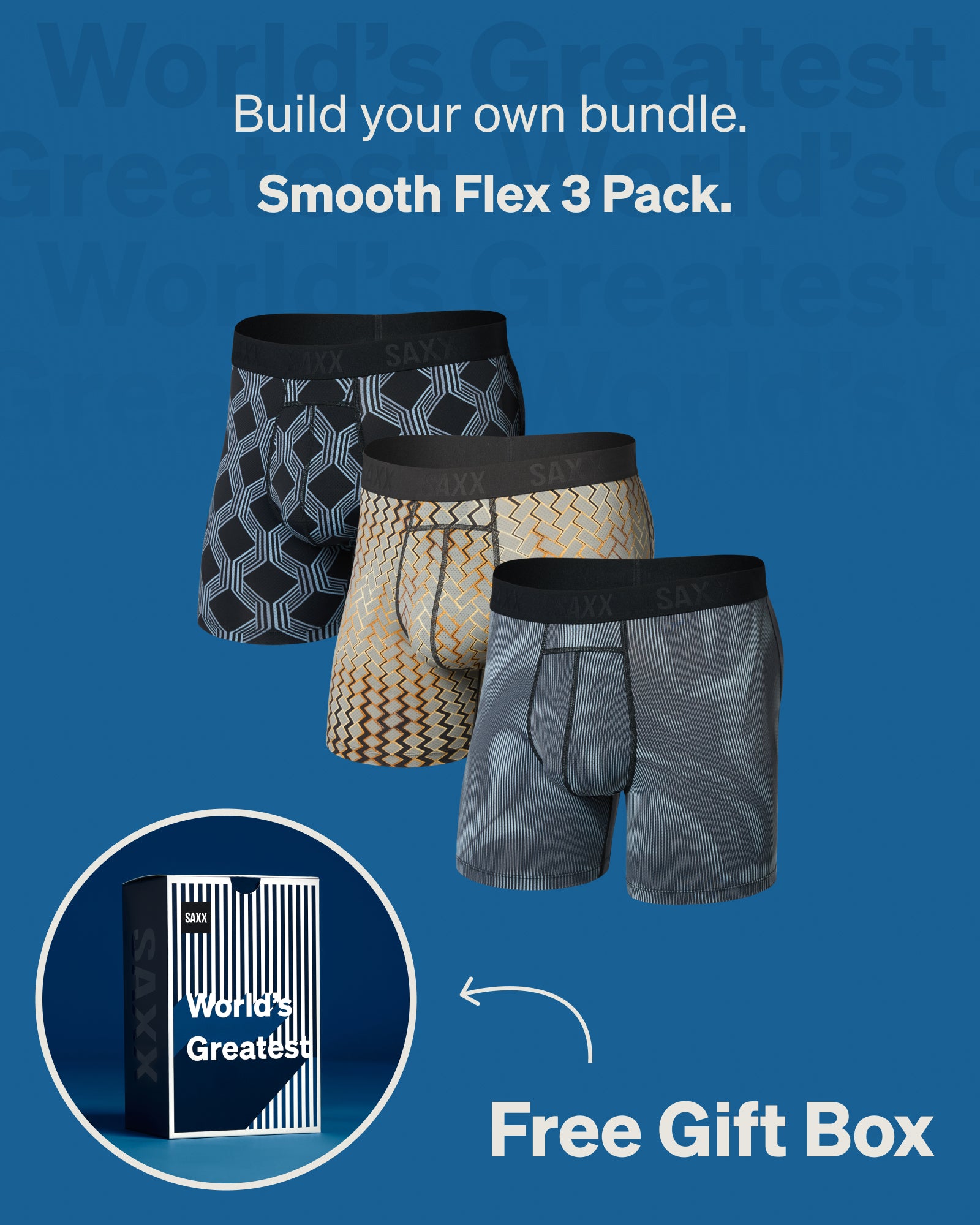 Build your own Smooth Flex 3-Pack bundle featuring three performance boxer briefs with a free World’s Greatest gift box included.