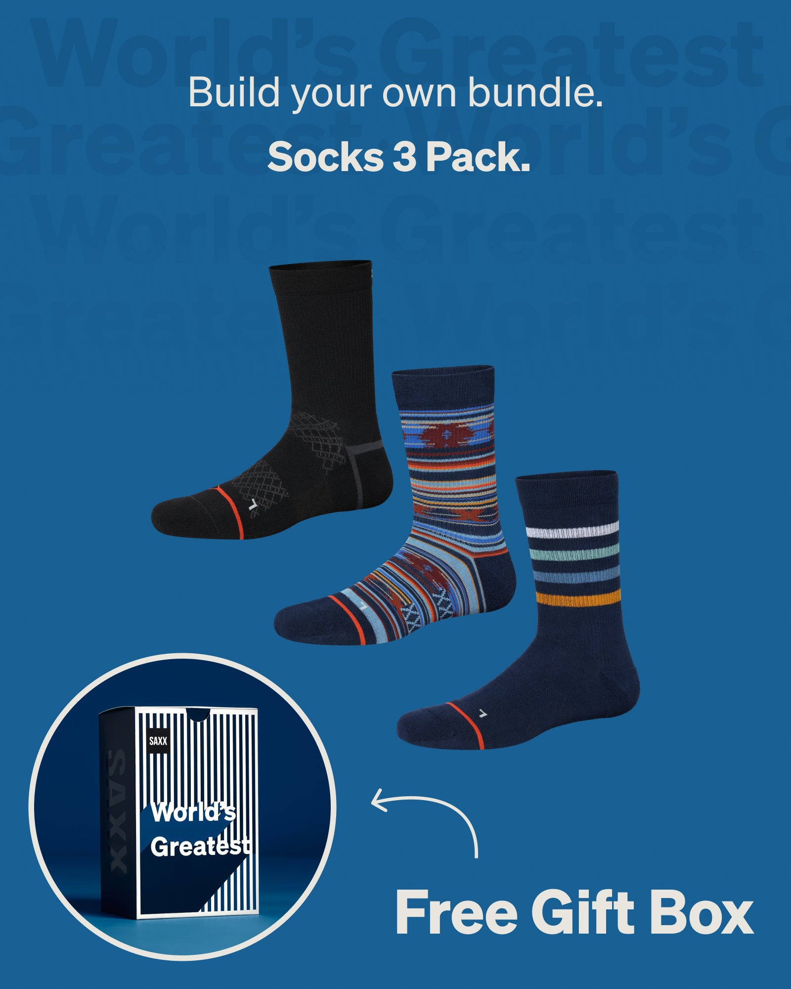 Build your own sock 3-Pack bundle featuring three crew socks with a free World’s Greatest gift box included.