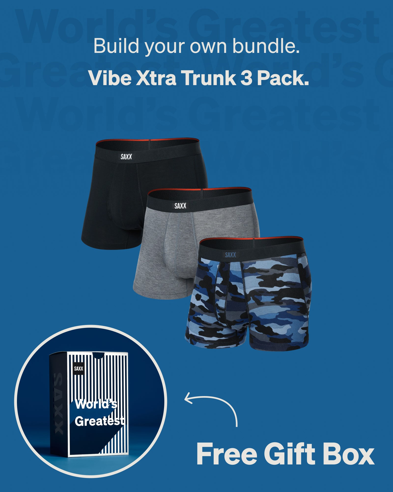 Build your own Vibe Xtra 3-Pack bundle featuring three everyday trunks with a free World’s Greatest gift box included.