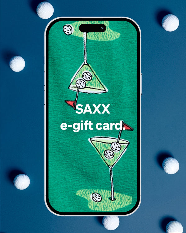 SAXX e-gift card displayed on phone with golf-themed background and floating golf balls.