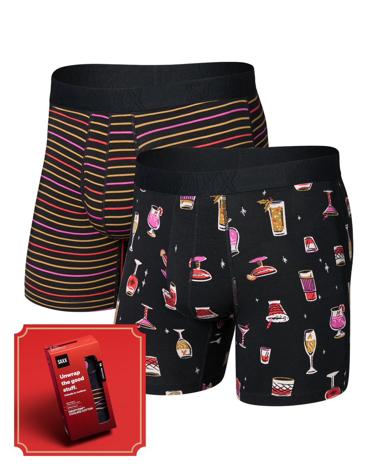Front of DropTemp Cooling Cotton Boxer Brief 2 Pack in Jingle Juice/Jingle Stripe with a red SAXX gift box in the bottom left corner