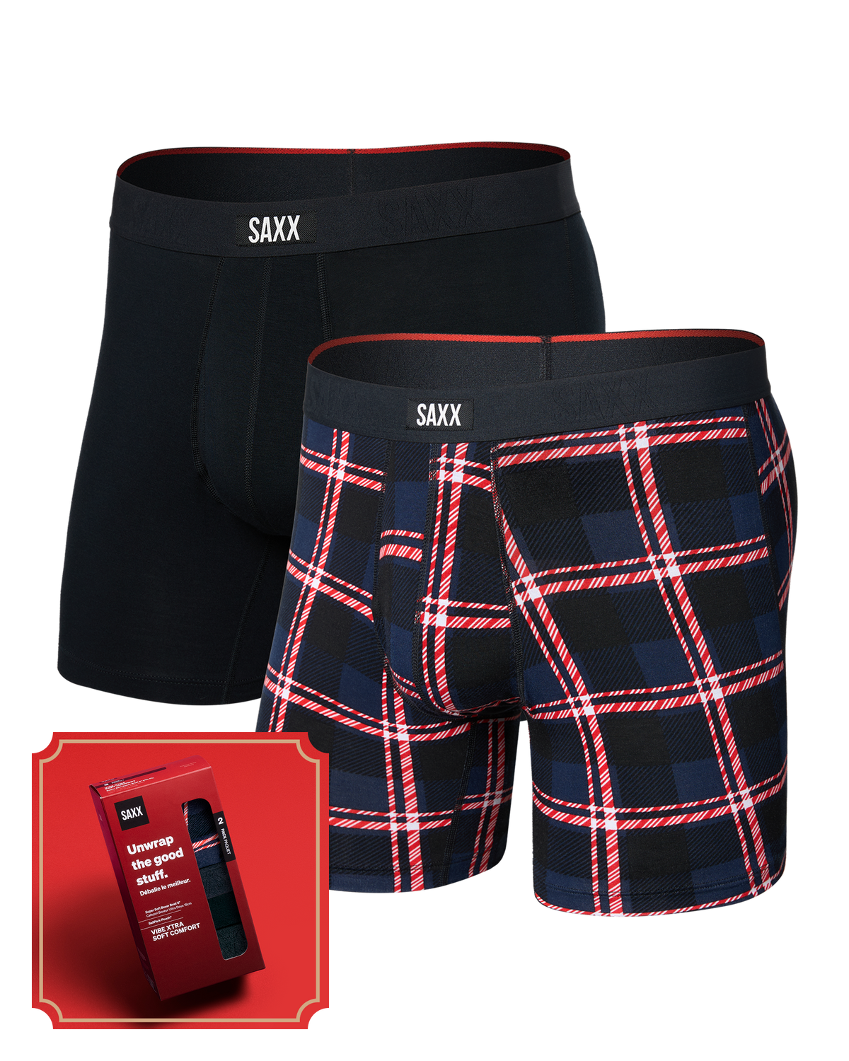 Front of Vibe Xtra Soft Comfort Boxer Brief 2 Pack in Confection Plaid/Black with a SAXX gift box in the bottom left corner