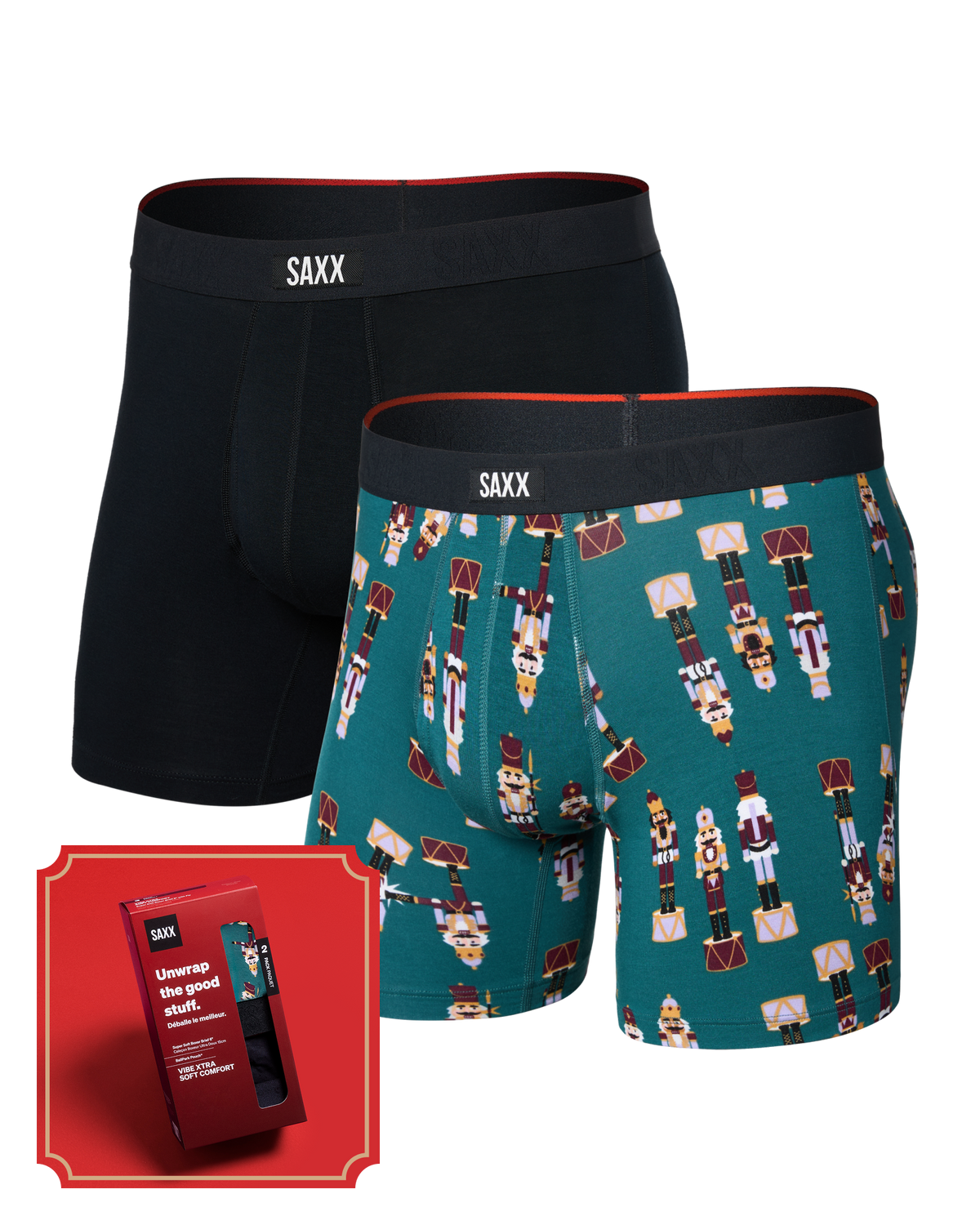 Front of Vibe Xtra Soft Comfort Boxer Brief 2 Pack in Nutcracker 25/Black with a red SAXX gift box in the bottom left corner