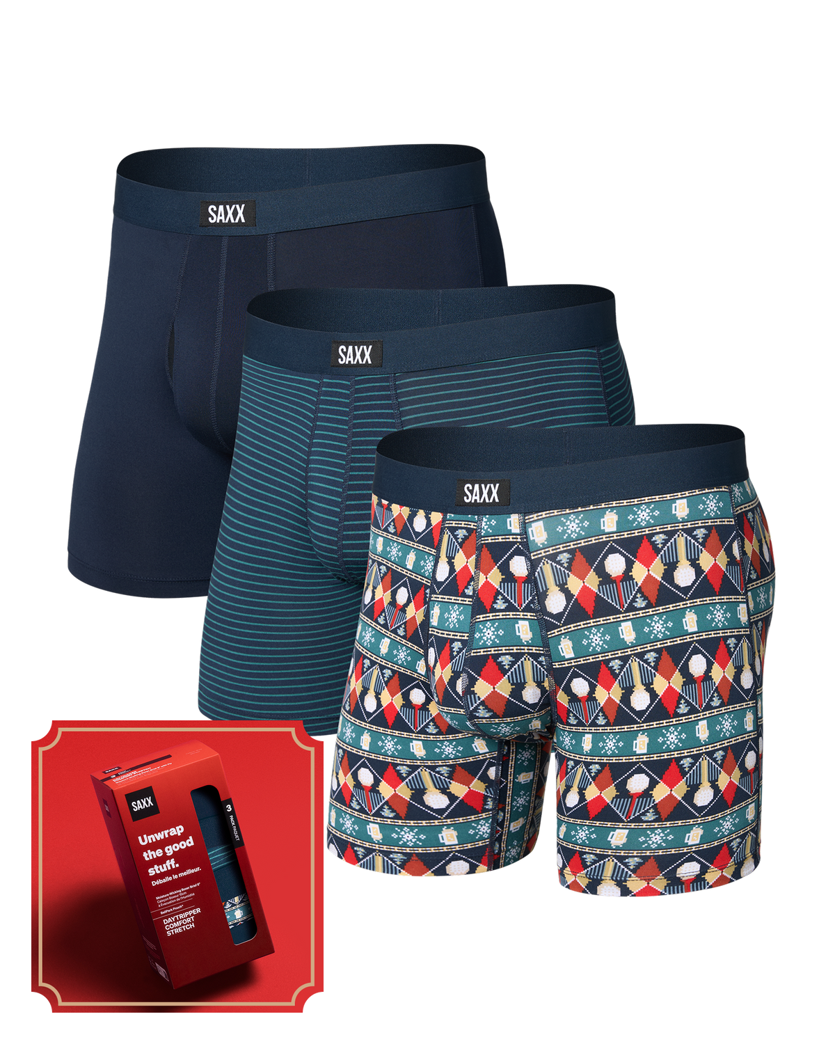 Front of Daytripper Comfort Stretch Boxer Brief 3 Pack in Golf Sweater/Simple Stripe/Dark Ink with a red SAXX gift box in the bottom left corner