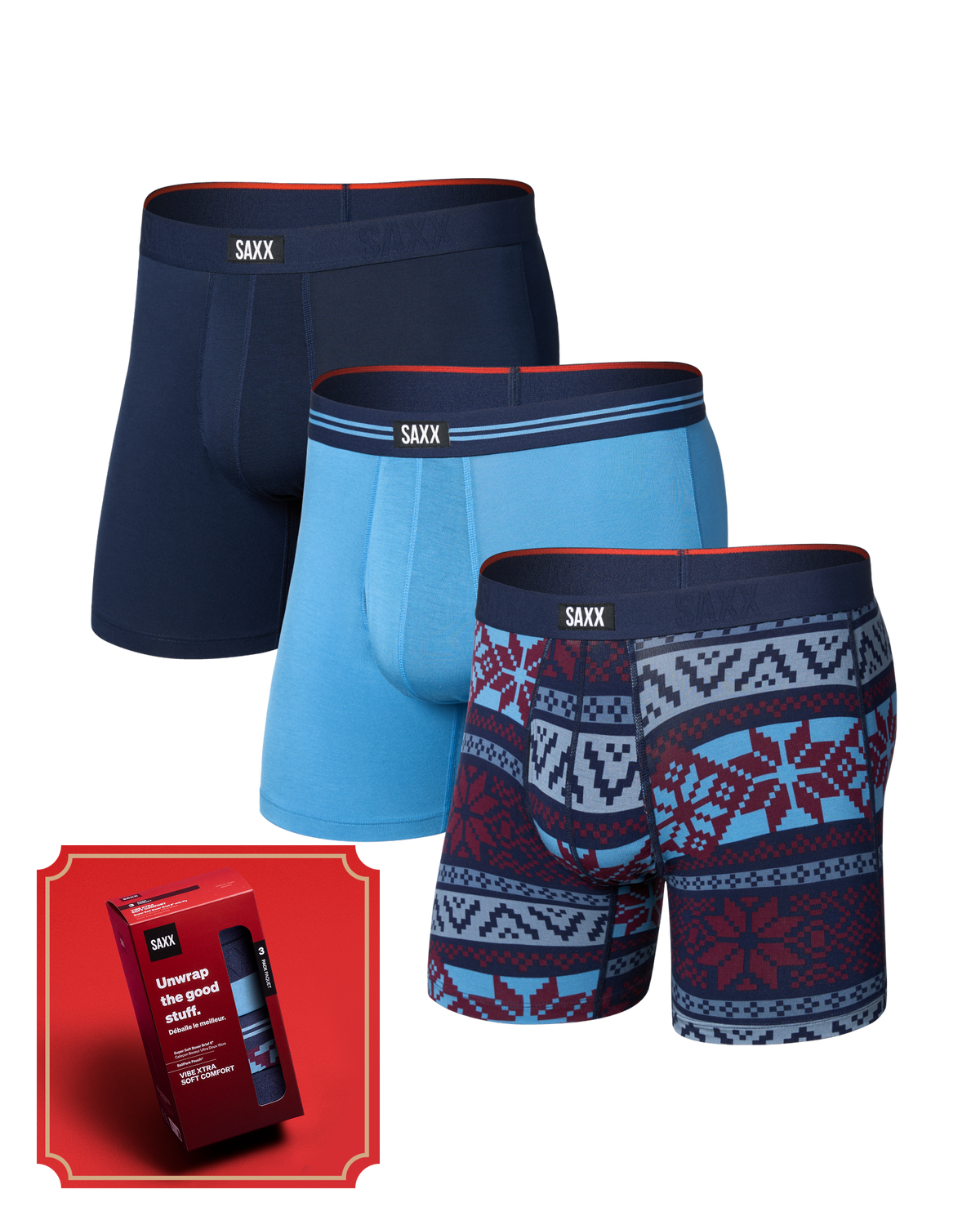 Front of Vibe Xtra Soft Comfort Boxer Brief 3 Pack in Techno Snow/Parisian/Maritime with a red SAXX gift box in the bottom left corner